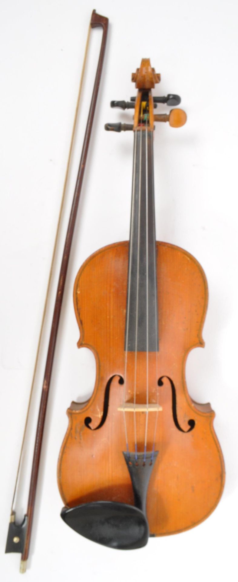 LATE 19TH CENTURY TWO PIECE BACK VIOLIN 3/4 SIZE WITH BOW