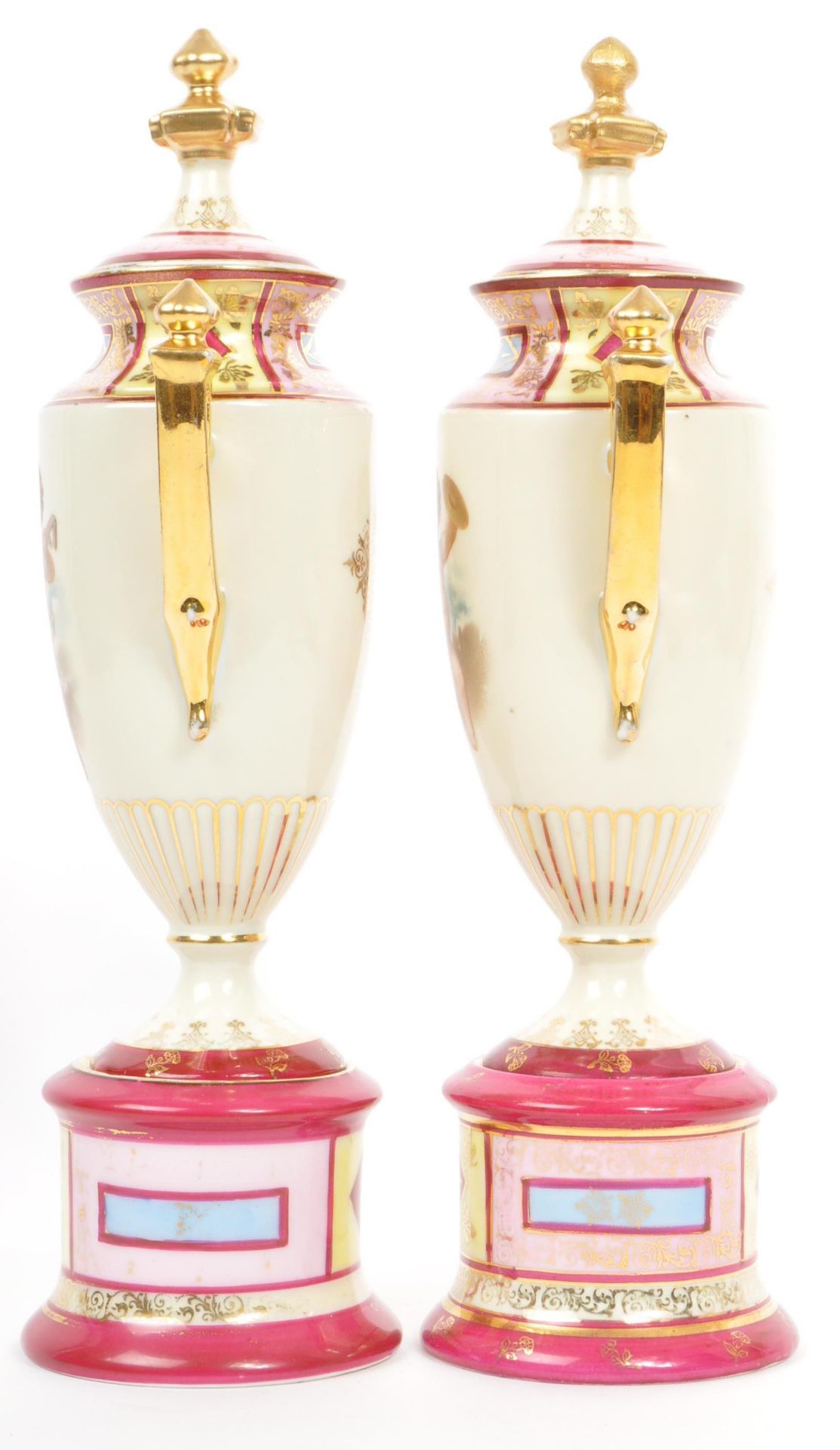 PAIR OF ANTIQUE GILDED GERMAN / AUSTRIAN TWIN HANDLED VASES - Image 2 of 8