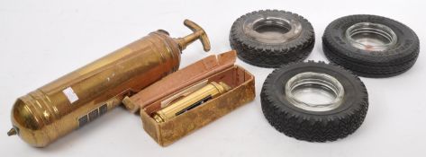 TWO BRASS MOTORING FIRE EXTINGUISHERS & TYRE ASHTRAYS