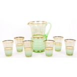 SET OF SIX VINTAGE RETRO MINT GREEN DRINKING GLASSES WITH JUG