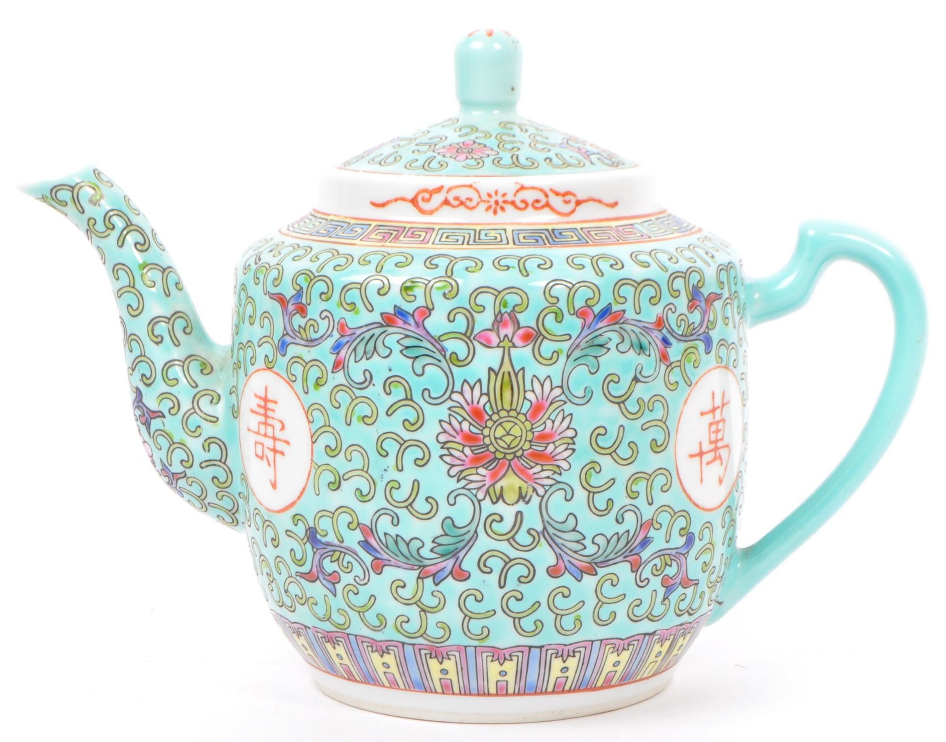 ASIAN CHINESE GREEN FAMILLE ROSE TEAPOT W/ BUTTER DISH - Image 2 of 9