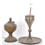 TWO 19TH CENTURY HAMMERED COPPER & BRASS CONVERTED LAMPS