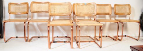 SET EIGHT RATTAN, OAK & CHROME CANTILEVER DINING CHAIRS