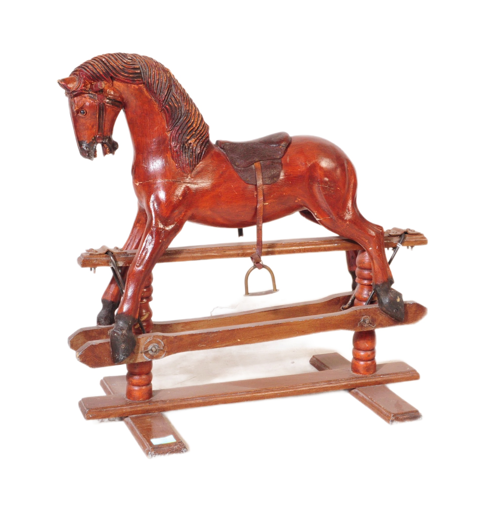 VICTORIAN REVIVAL CARVED ROCKING HORSE WITH LEATHER SADDLE