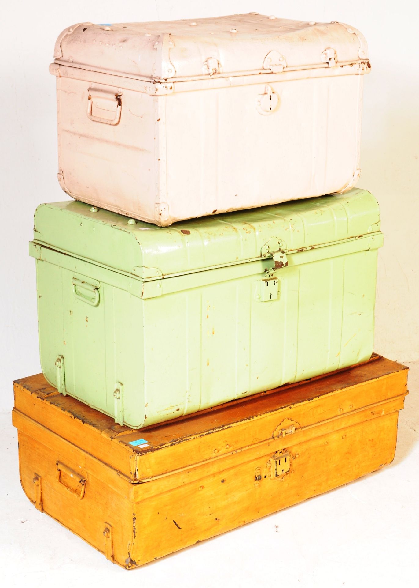 THREE METAL TRUNKS / CASES COMPLETE WITH HANDLES