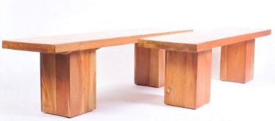 PAIR OF RETRO SOLID TEAK BESPOKE CARVED BENCHES TABLES