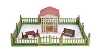 ANTIQUE TOYS - VICTORIAN WOODEN ORANGERY WITH FURNITURE & FENCE