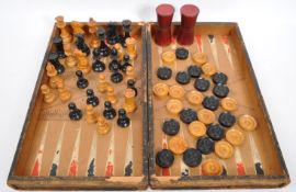 LATE VICTORIAN BOOK SHAPED CHESS & DRAUGHTS BOARD & PIECES
