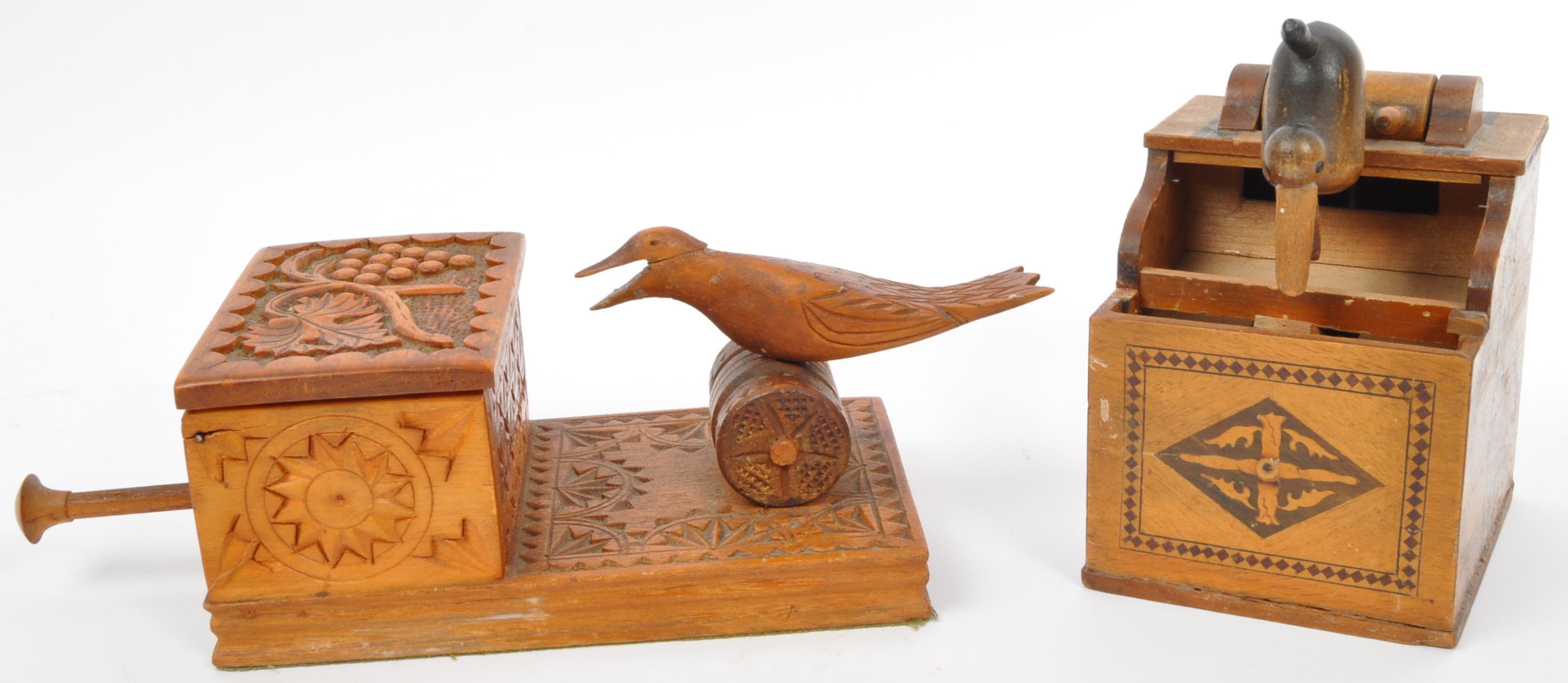 FOUR CARVED & INLAID BOXES & CIGARETTE DISPENSERS - Image 2 of 8
