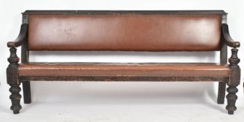 EARLY 20TH CENTURY OAK AND LEATHER RAILWAY BENCH