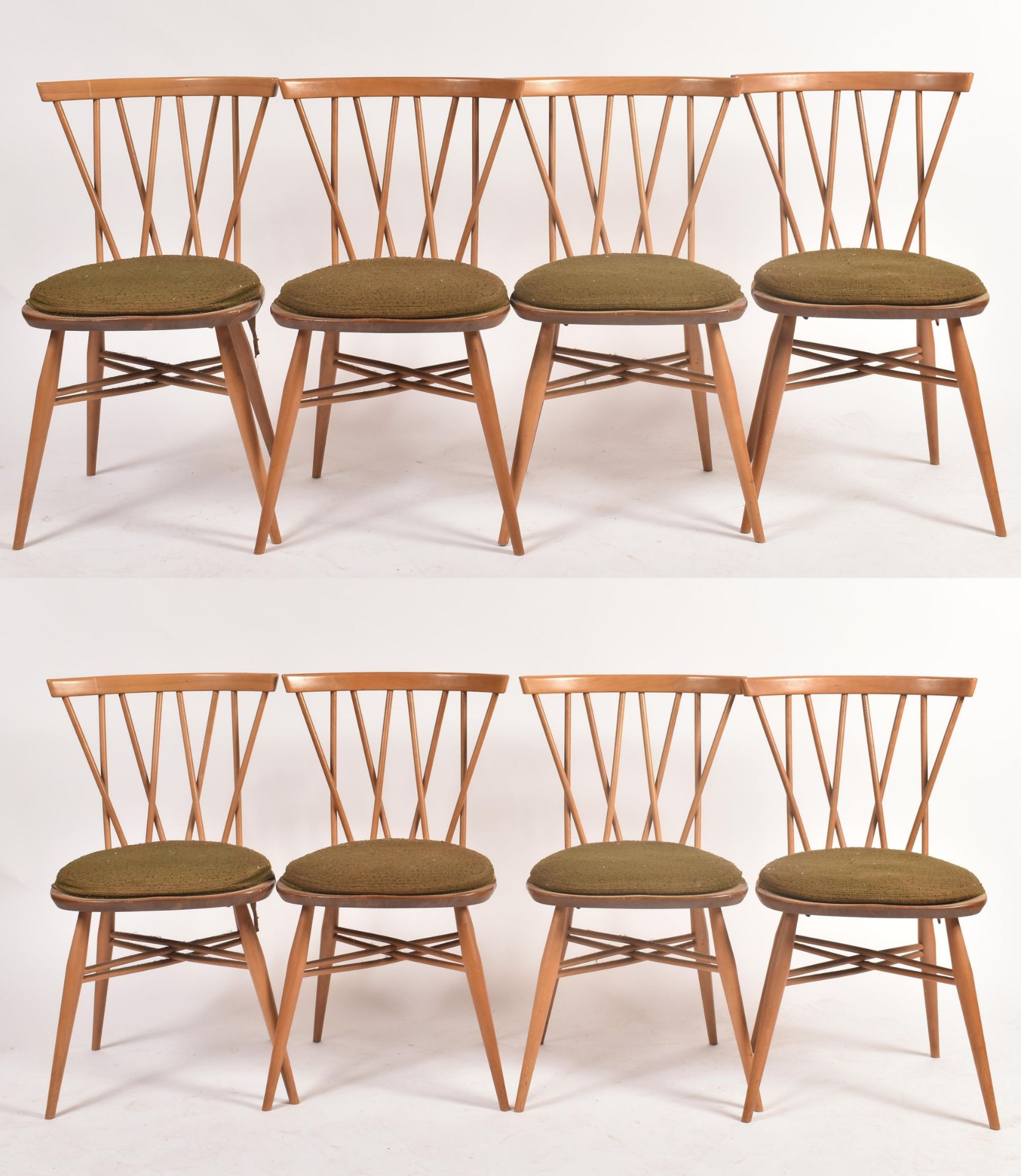 ERCOL - MODEL 376 'CANDLESTICK' - SET OF EIGHT DINING CHAIRS