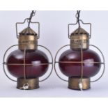 PAIR OF MID CENTURY BRASS & GLASS SHIPS OIL HANGING LAMPS