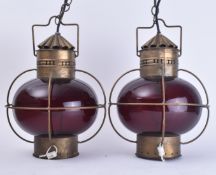 PAIR OF MID CENTURY BRASS & GLASS SHIPS OIL HANGING LAMPS