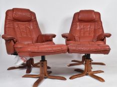 DANEWAY - PAIR OF RETRO LEATHER & WOOD STRESS-LESS EASYCHAIRS