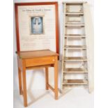 BEECH SCHOOL DESK, WOODEN STEP LADDER & THEATRE POSTER