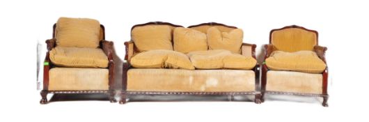 EARLY 20TH CENTURY MAHOGANY RATTAN BERGERE CHAIRS AND SOFA