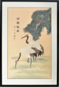 EARLY 20TH CENTURY JAPANESE SILK PAINTING OF TWO STORKS
