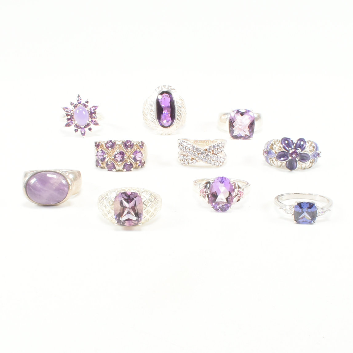 COLLECTION OF ASSORTED 925 SILVER & PURPLE STONE SET RINGS