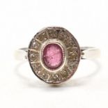 HALLMARKED 9CT WHITE GOLD RUBY & DIAMOND HALO RING