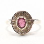 HALLMARKED 9CT WHITE GOLD RUBY & DIAMOND HALO RING