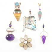 COLLECTION OF SILVER & WHITE METAL GEM SET NECKLACE PENDANTS