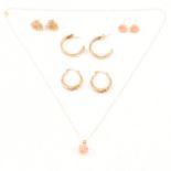 FOUR PAIRS OF 9CT GOLD EARRINGS & A 9CT GOLD PENDANT NECKLACE