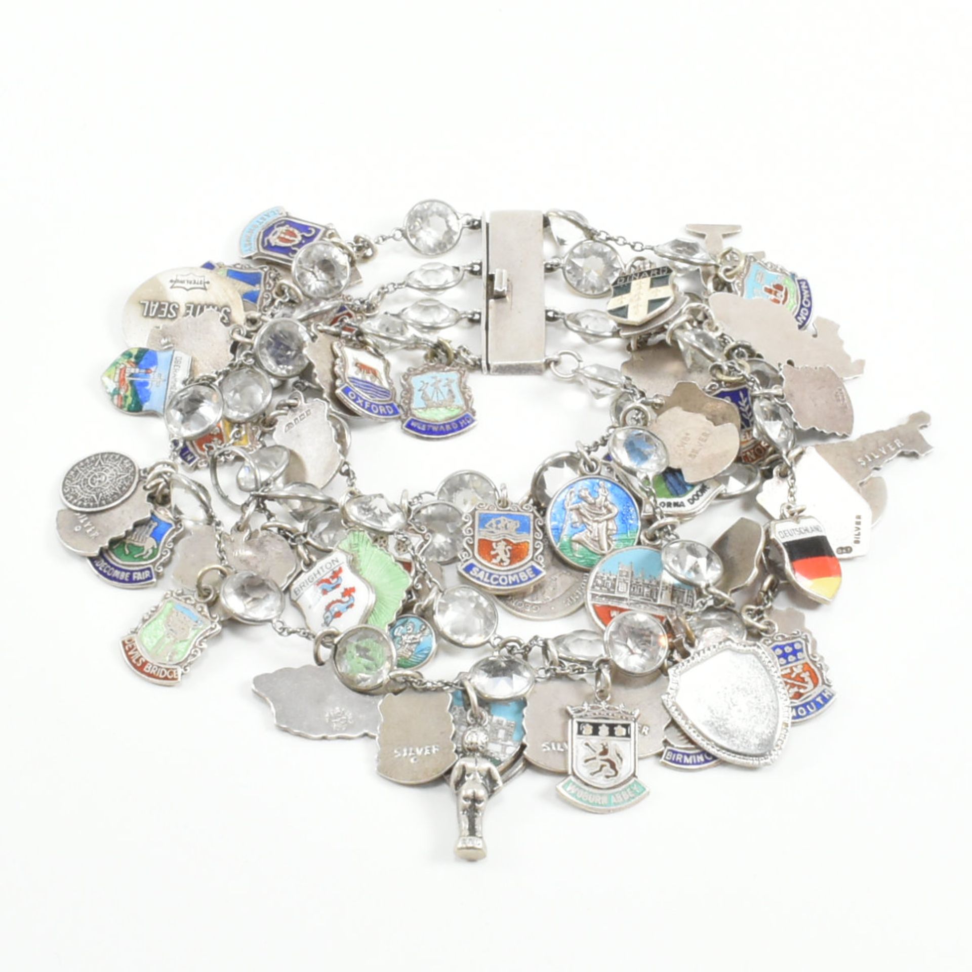 VINTAGE SILVER & WHITE METAL TOWN COUNTRY CHARM BRACELET