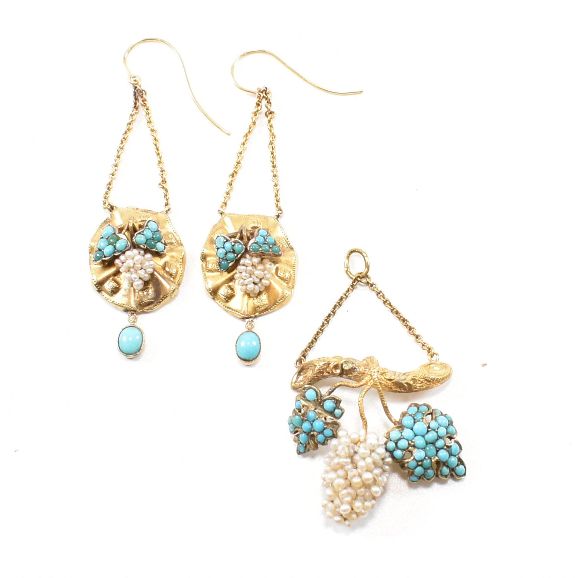 VICTORIAN TURQUOISE & SEED PEARL EARRING & PENDANT DEMI PARURE - Image 5 of 7