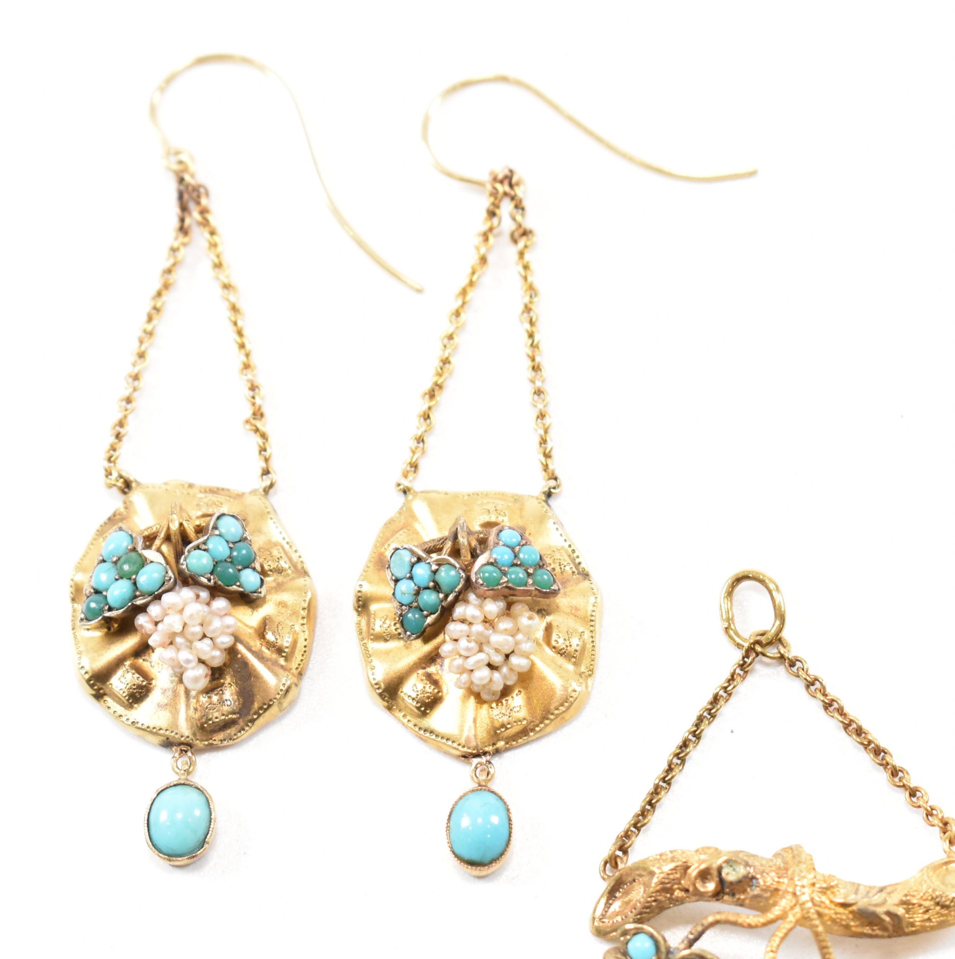 VICTORIAN TURQUOISE & SEED PEARL EARRING & PENDANT DEMI PARURE - Image 4 of 7