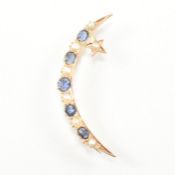 ANTIQUE SAPPHIRE & PEARL CRESCENT BROOCH PIN
