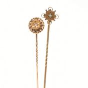 ANTIQUE 15CT GOLD & DIAMOND STICK PIN WITH YELLOW METAL PIN