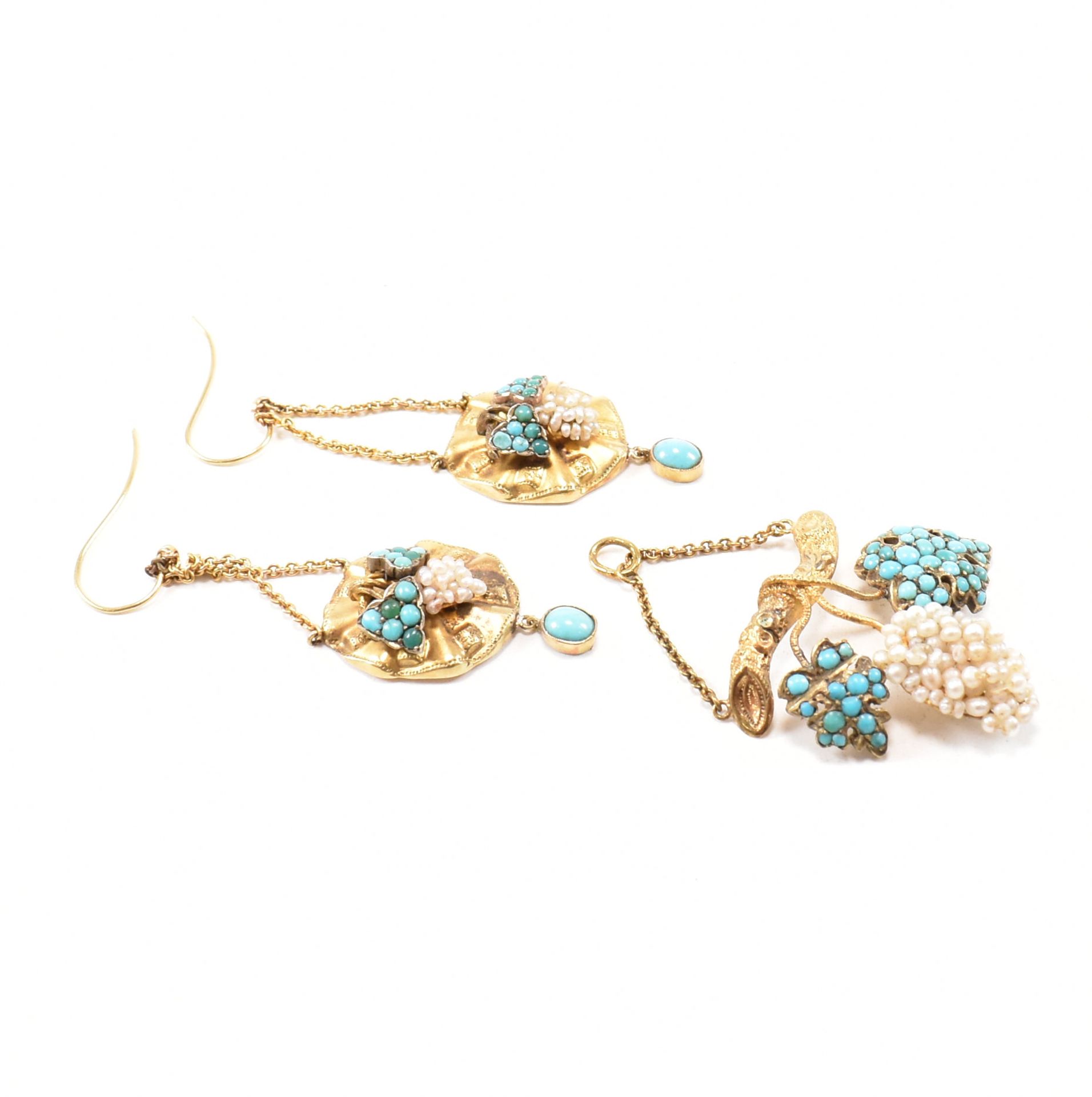 VICTORIAN TURQUOISE & SEED PEARL EARRING & PENDANT DEMI PARURE - Image 3 of 7