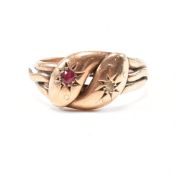 ANTIQUE HALLMARKED 9CT ROSE GOLD DIAMOND & RUBY TWIN SNAKE RING