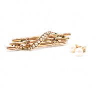 ANTIQUE 9CT GOLD & PEARL BROOCH PIN WITH 9CT GOLD STUD EARRINGS