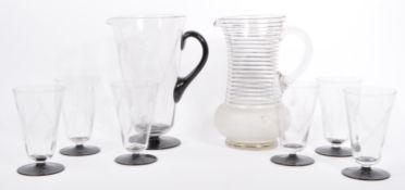 SIX MID CENTURY 1940S ETCHED DRINKING GLASSES & TWO JUGS