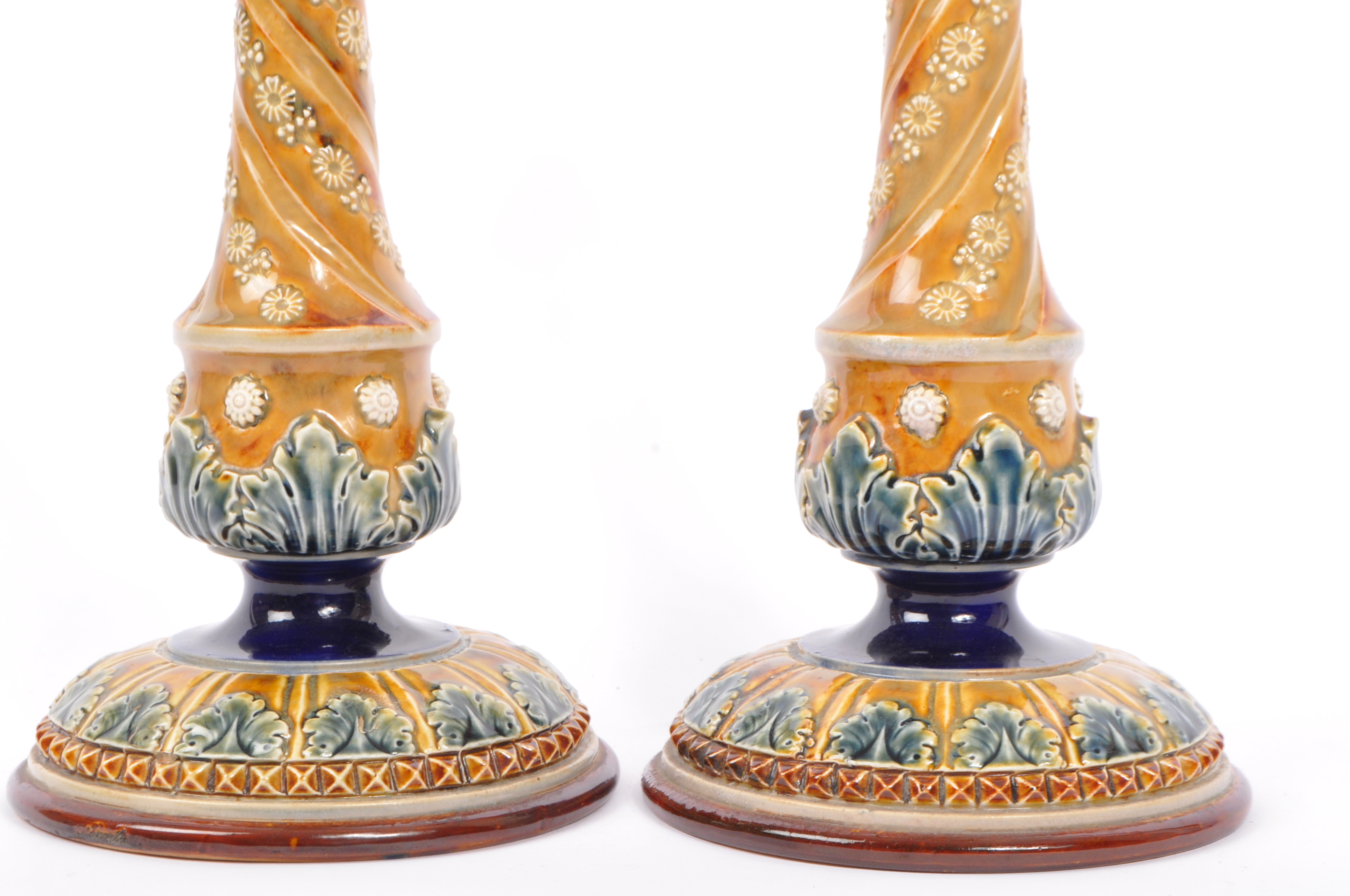 PAIR VICTORIAN DOULTON LAMBETH STONEWARE CANDLESTICKS - Image 2 of 5