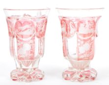 PAIR OF EARLY 20TH CENTURY ETCHED WINE CRANBERRY GOBLETS