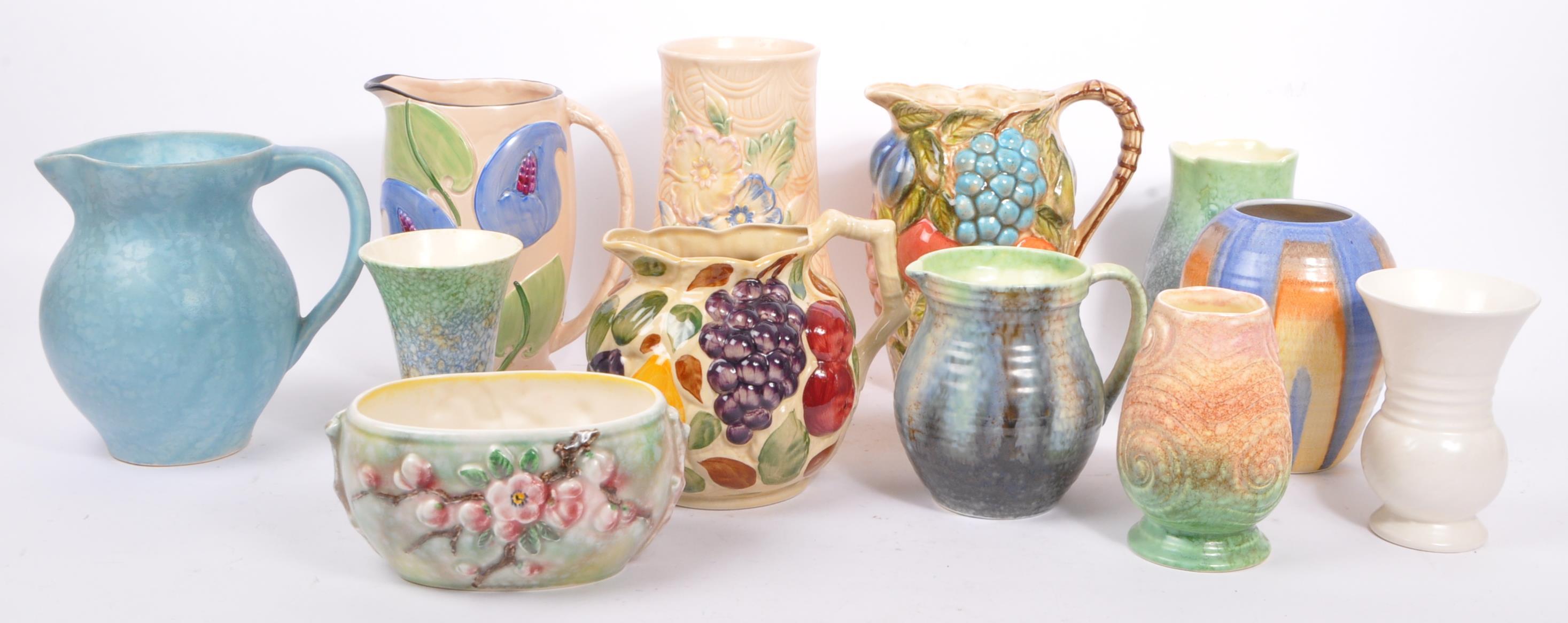 TWELVE VINTAGE STUDIO ART POTTERY HAND PAINTED VASES & JUGS