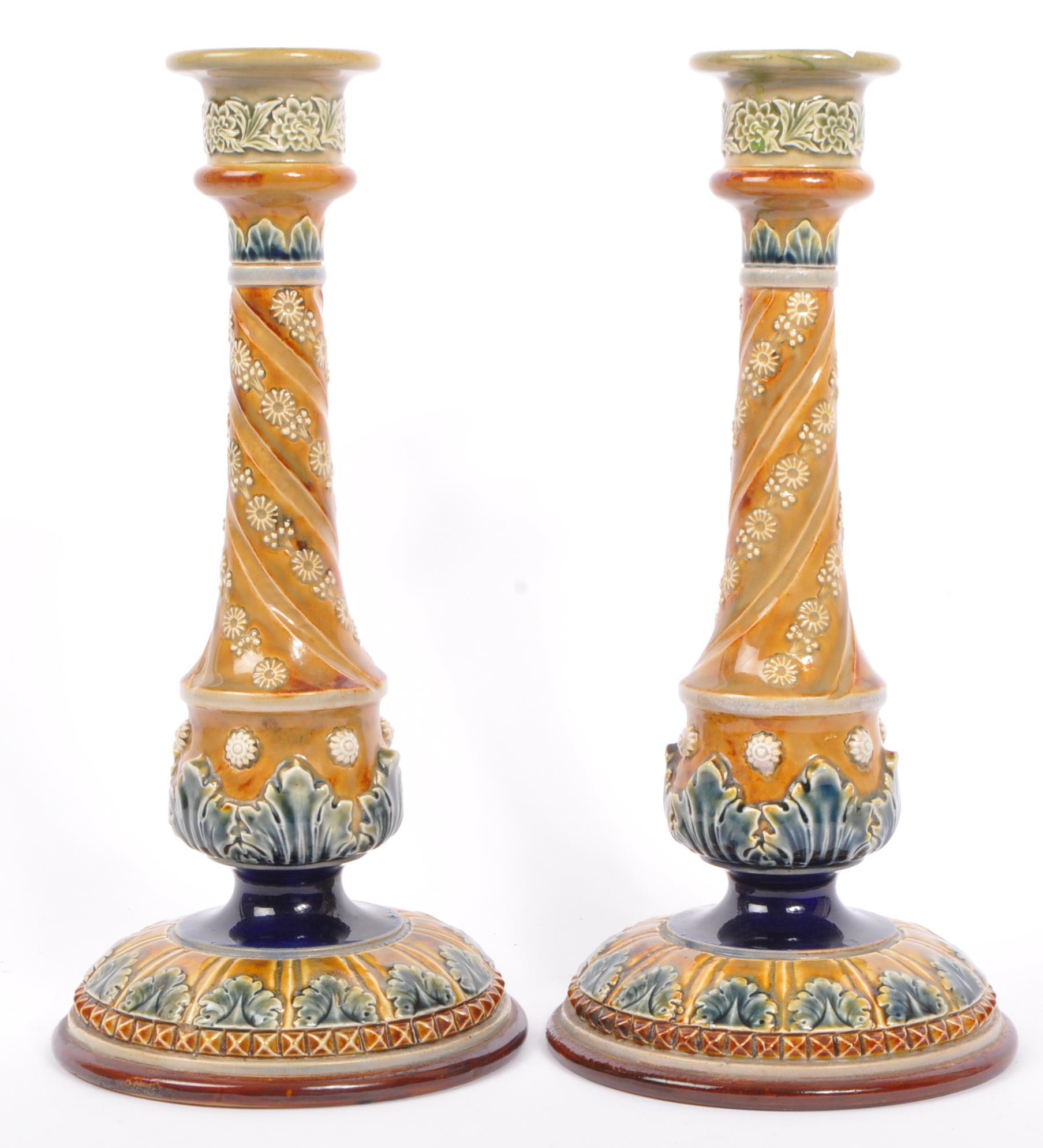 PAIR VICTORIAN DOULTON LAMBETH STONEWARE CANDLESTICKS