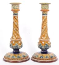 PAIR VICTORIAN DOULTON LAMBETH STONEWARE CANDLESTICKS