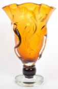 LARGE VINTAGE AMBER ART GLASS STRAPPED FOOTED VASE