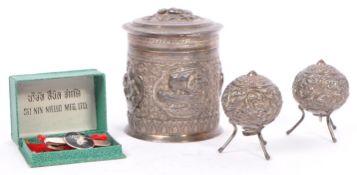 TRIO OF VINTAGE BURMESE STERLING SILVER SALT PEPPER POTS / POT