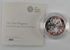 UK ROYAL MINT 2018 1OZ FINE SILVER PROOF 'THE TWO DRAGONS' COIN