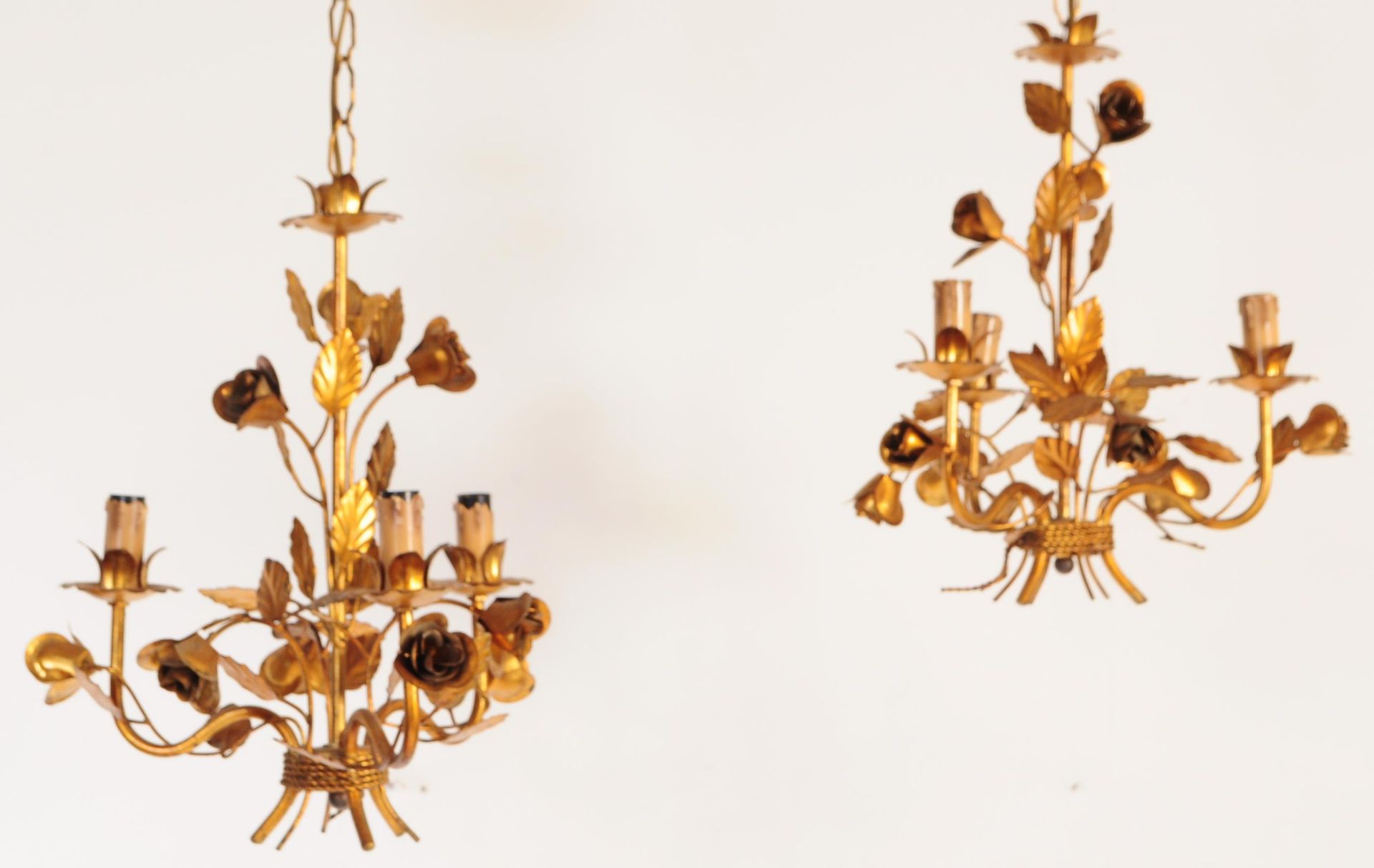 PAIR OF MID CENTURY ITALIAN FLORENTINE GILT METAL CHANDELIER