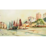 LARGE LATE 20TH CENTURY HARBOUR SCENE PAINTING BY TERRY BURKE