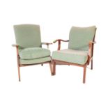 PARKER KNOLL FURNITURE _ TWO UPHOLSTERED TEAK ARM CHAIRS