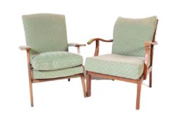 PARKER KNOLL FURNITURE _ TWO UPHOLSTERED TEAK ARM CHAIRS