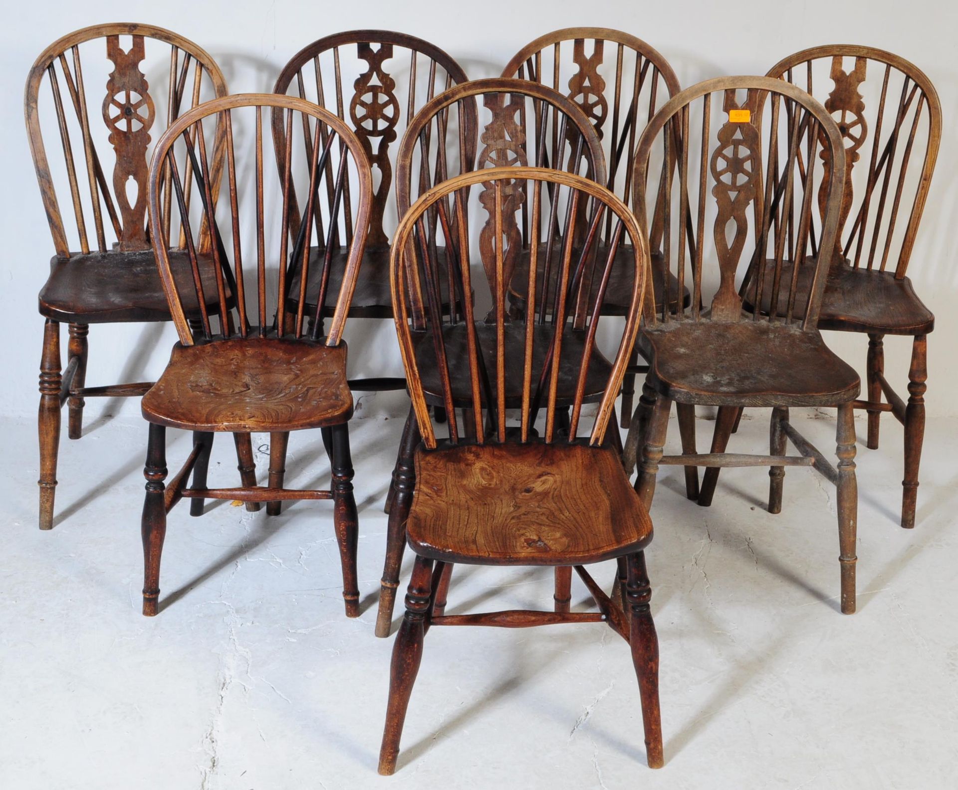 19TH CENTURY HARLEQUIN OAK WHEELBACK & CANDLESTICK CHAIRS