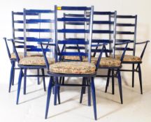 ERCOL FURNITURE - SET OF SIX LADDER BACK BLUE ARMCHAIRS