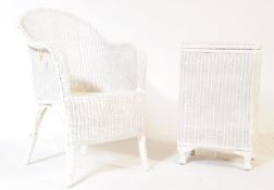 VINTAGE WHITE LLOYD LOOM WICKER CHAIR AND LINEN BASKET